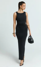 Gail Maxi Dress - Jersey Scoop Neck Open Back Bodycon Dress in Black