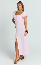 Welmina Midi Dress - Short Sleeve Placket Front Dress in Pale Pink
