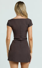 Desi Mini Dress - Square Neck Cap Sleeve Buckle Dress in Chocolate