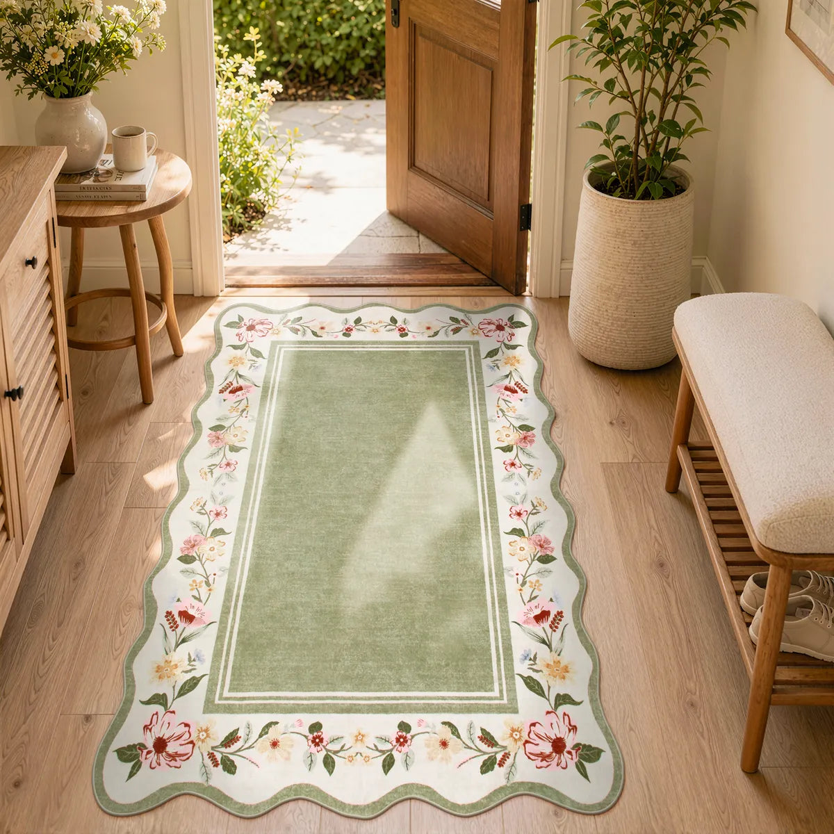Ariele Washable Vintage Floral Scalloped Sage Green Rug