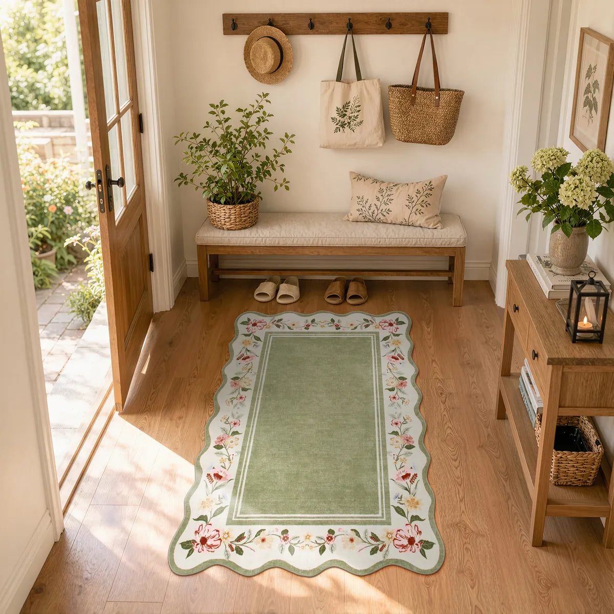Ariele Washable Vintage Floral Scalloped Sage Green Rug