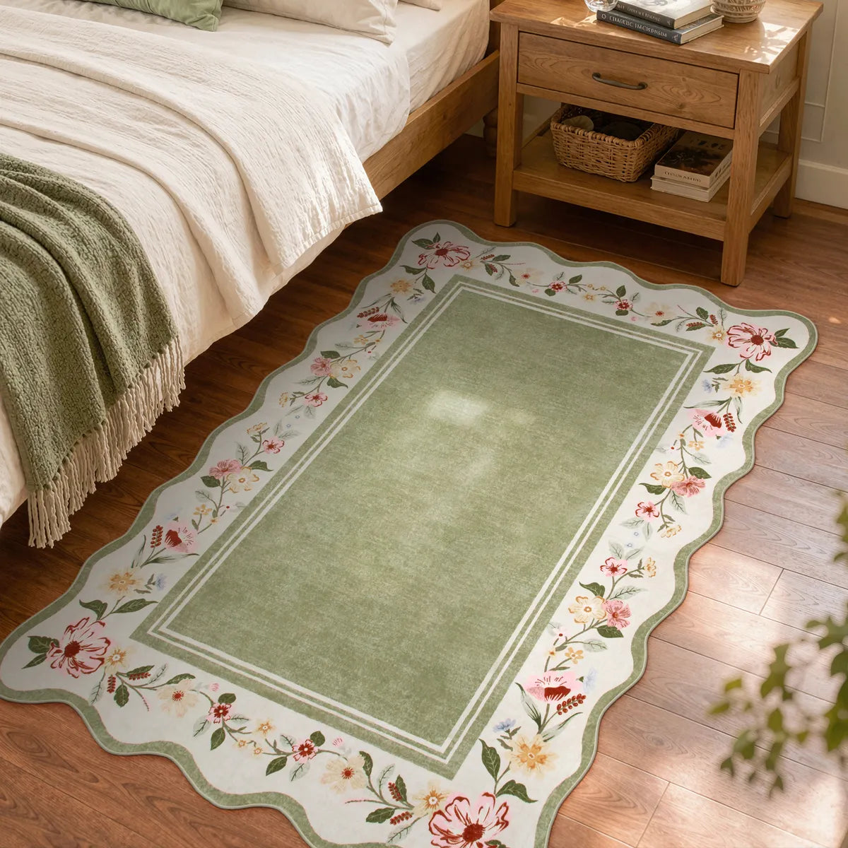 Ariele Washable Vintage Floral Scalloped Sage Green Rug