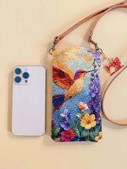 Flowers And Hummingbirds Quilted Slim Phone Crossbody Bag