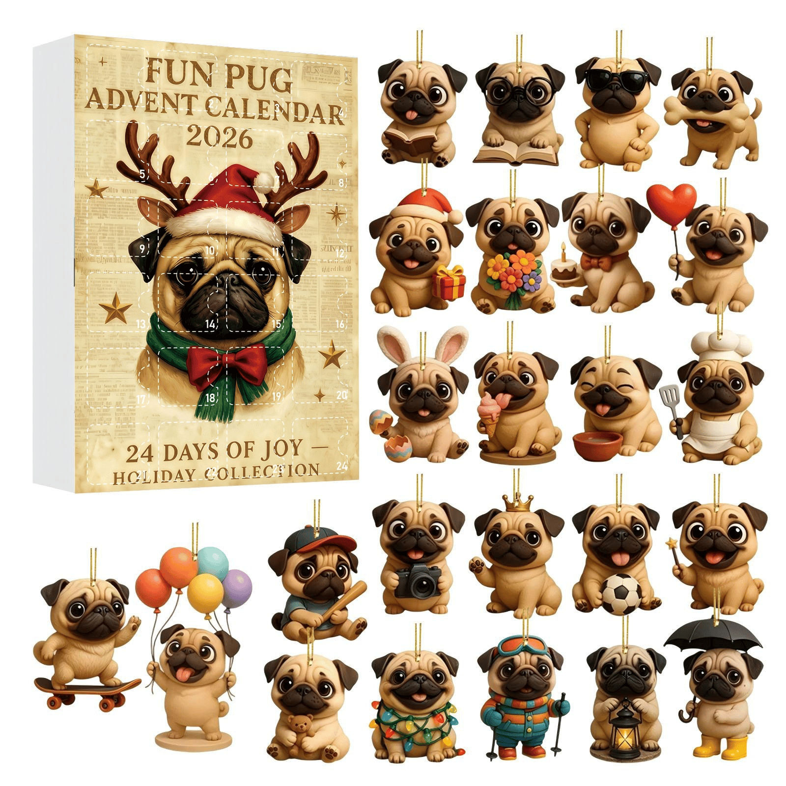 2026 Pug Christmas Ornament Advent Calendar (24-Piece Set) Blind Box