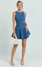 Vera Mini Dress - Boat Neck Drop Waist Fit And Flare Denim Dress in Mid Blue Wash