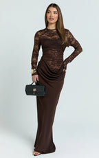 Crisanta Maxi Dress - Long Sleeve Contrast Lace Bodycon Dress in Chocolate