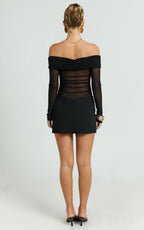 Jade Mini Dress - Long Sleeve Off Shoulder Draped Bias Cut Dress in Black