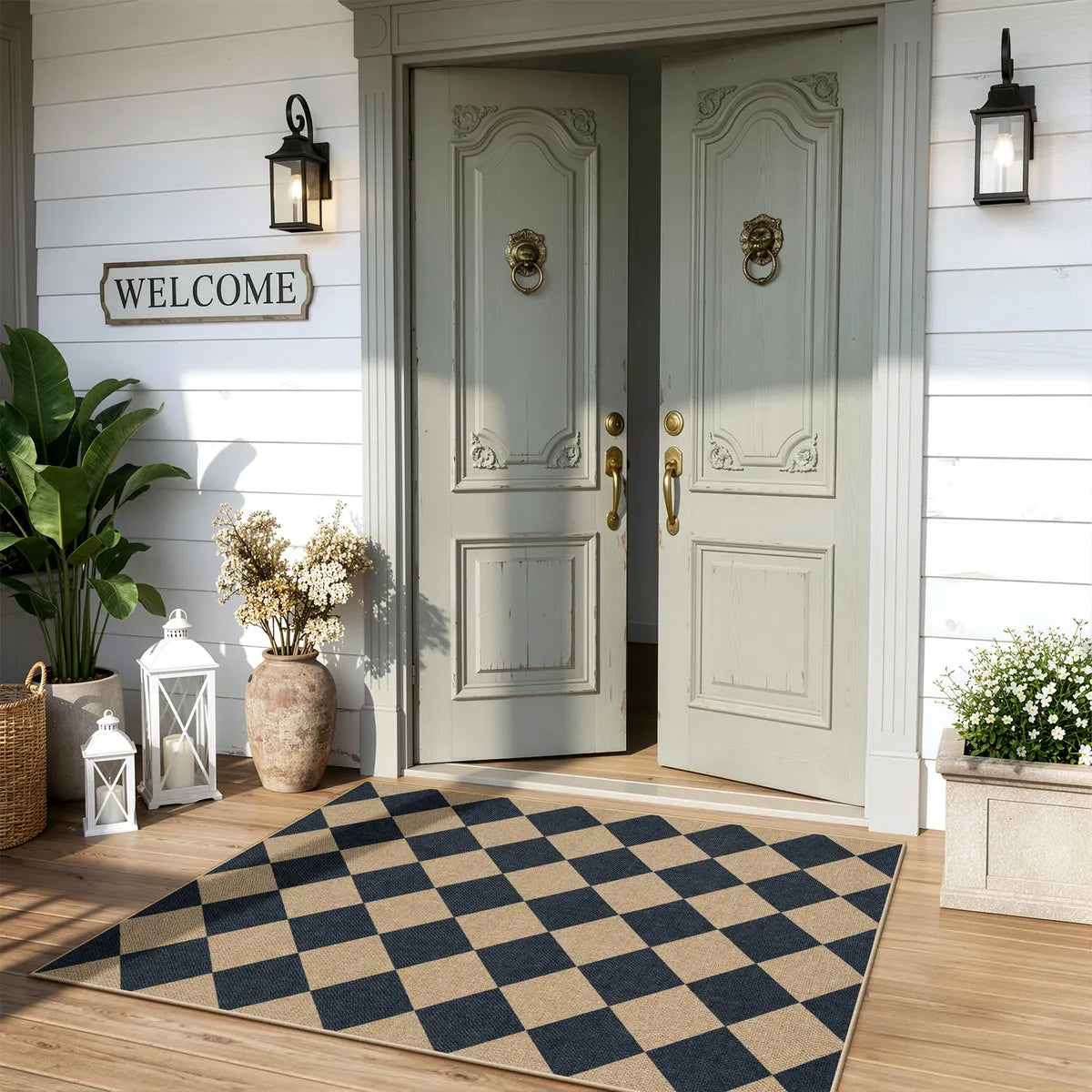 Coline Washable Geometric Checkered Easy Jute Black Indoor/Outdoor Runner Rug
