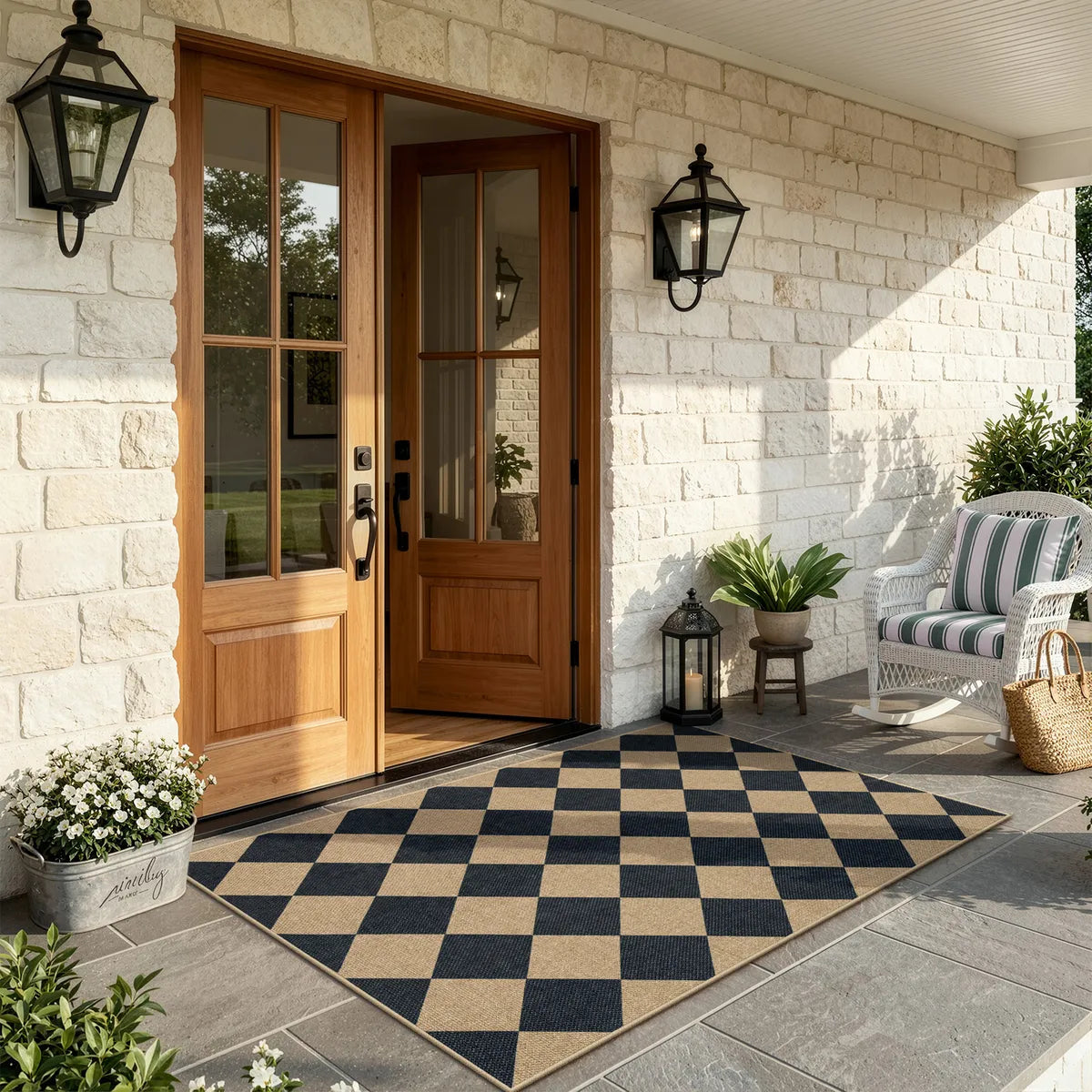 Coline Washable Geometric Checkered Easy Jute Black Indoor/Outdoor Runner Rug