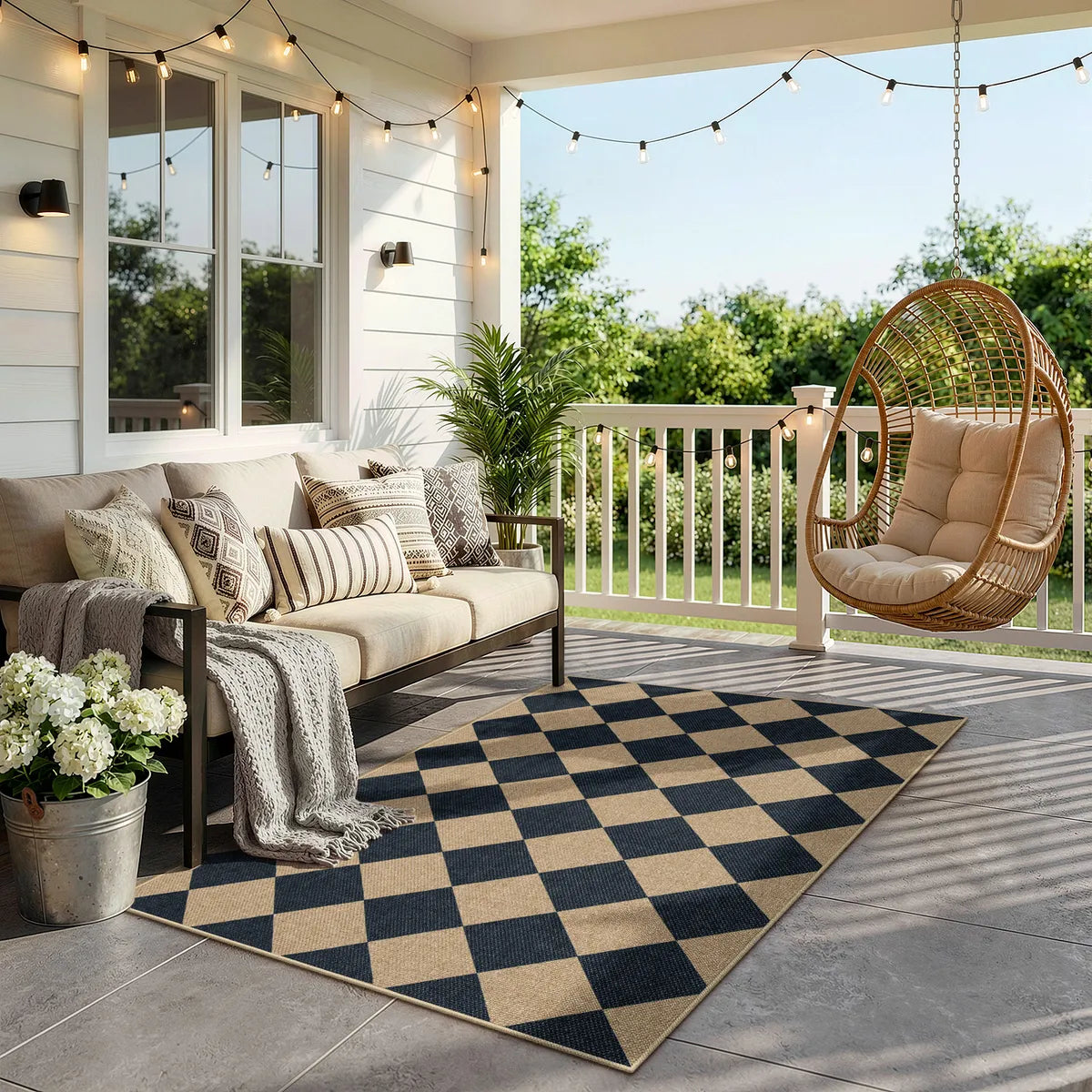Coline Washable Geometric Checkered Easy Jute Black Indoor/Outdoor Runner Rug