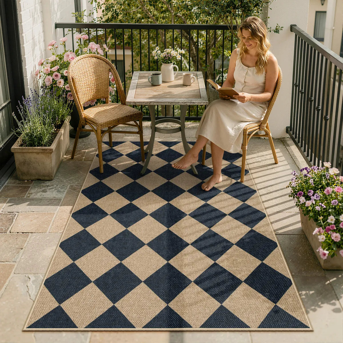 Coline Washable Geometric Checkered Easy Jute Black Indoor/Outdoor Runner Rug