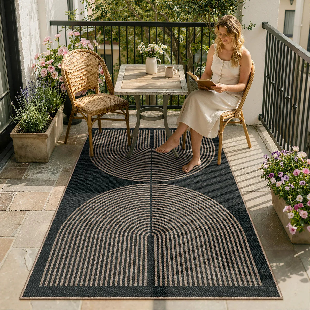 Enfys Washable Modern Rainbow Easy Jute Black/Grey Indoor/Outdoor Rug