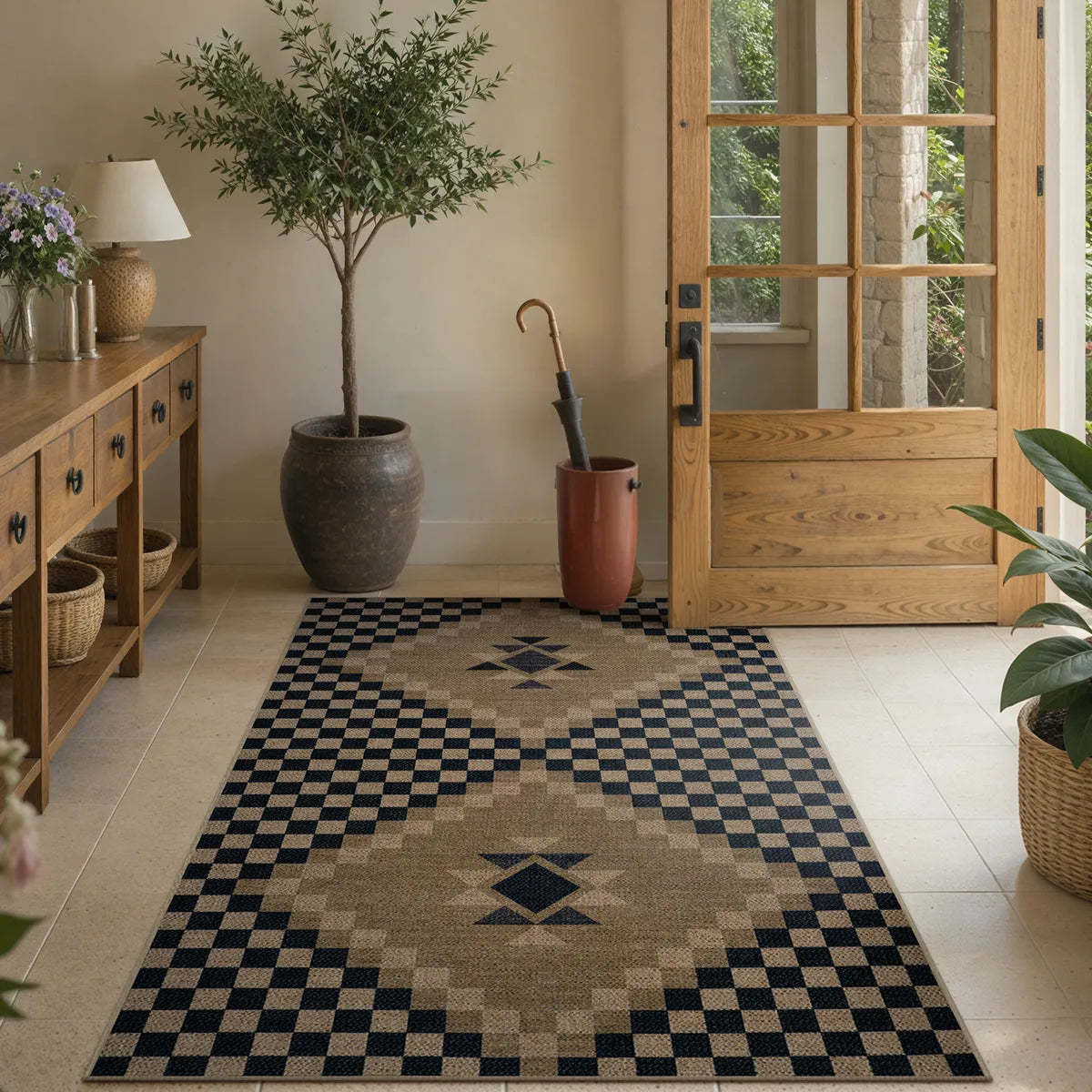 Lunette Washable Tribal Soft Easy Jute Black Indoor/Outdoor Runner Rug