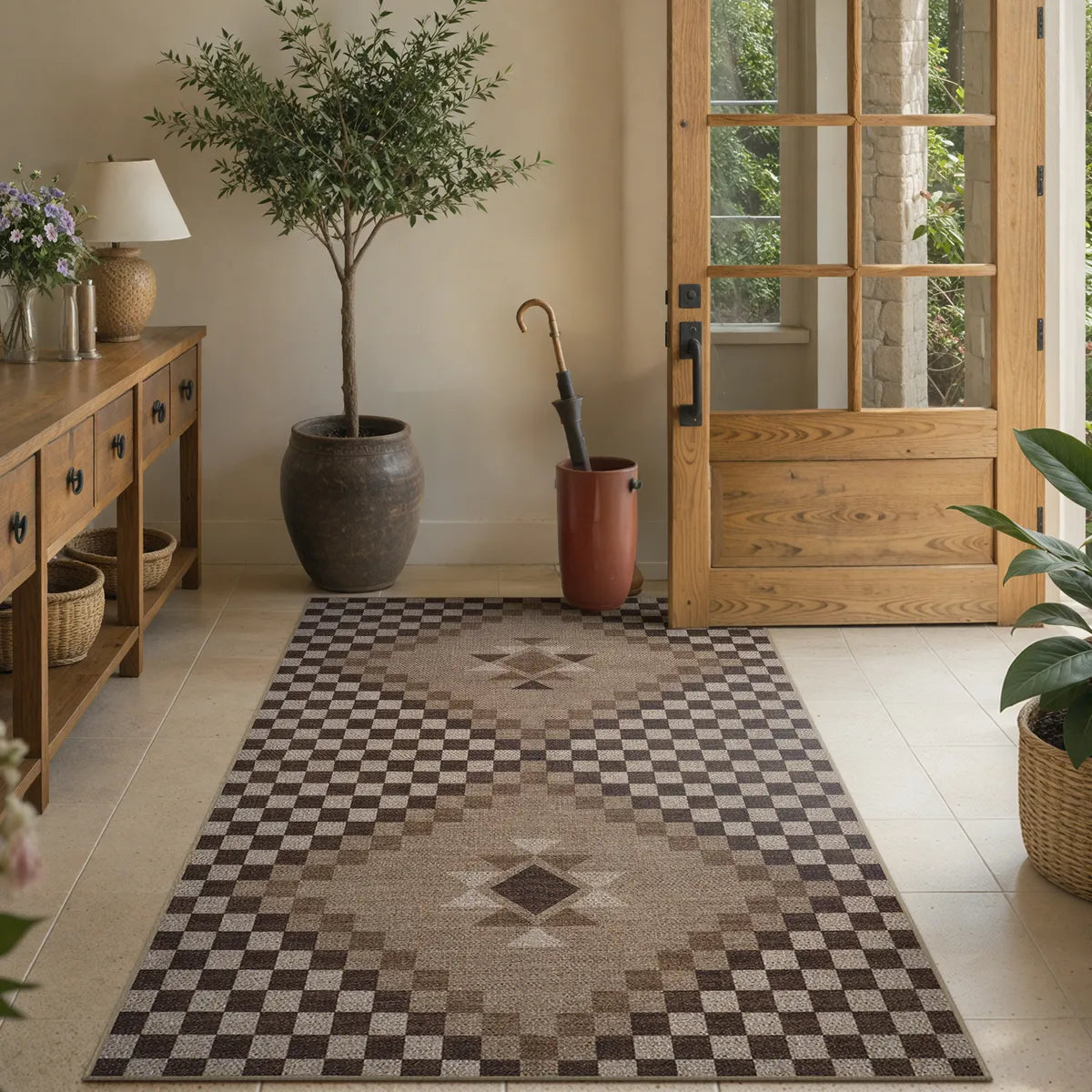 Lunette Washable Tribal Soft Easy Jute Tan Indoor/Outdoor Runner Rug