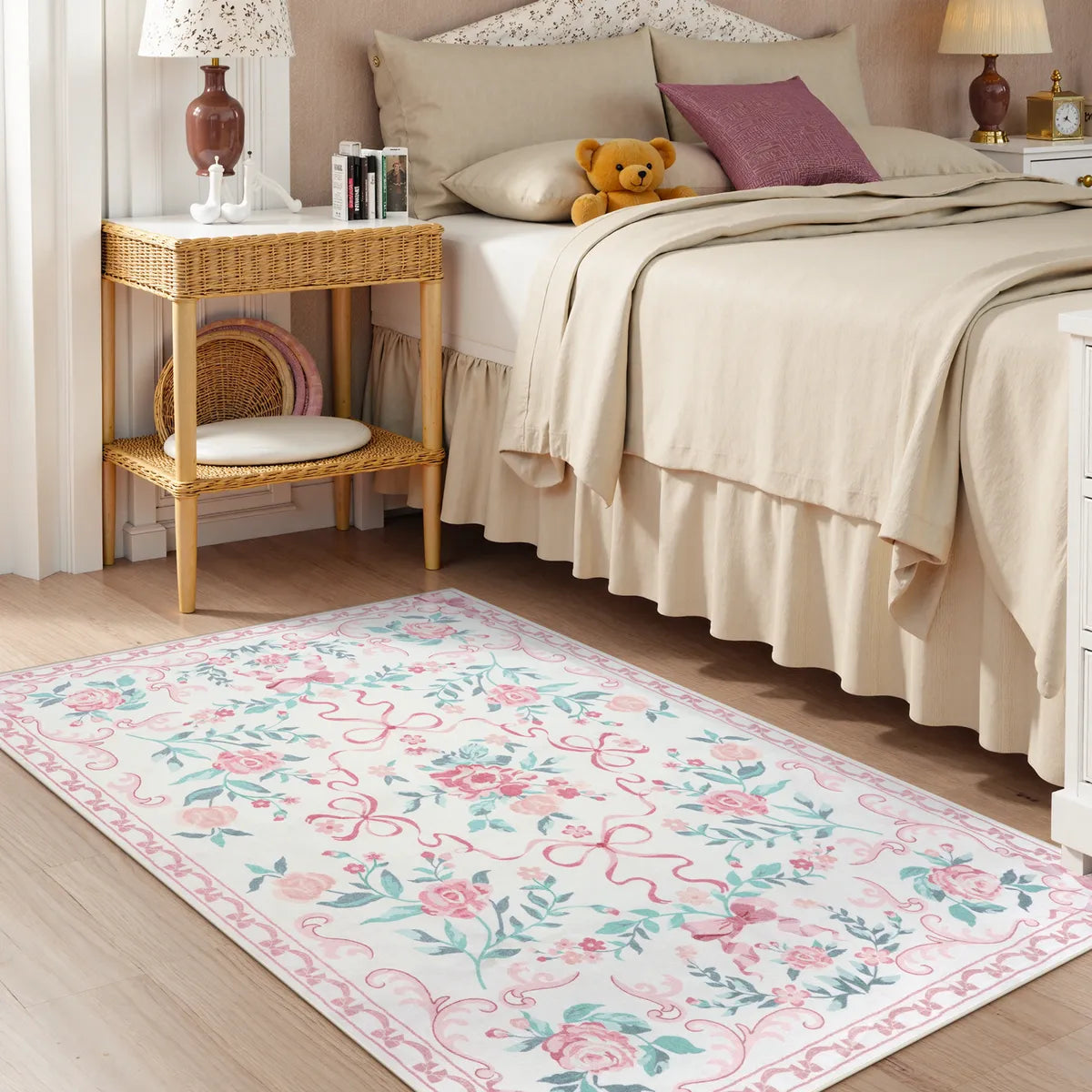Rosabel Washable Floral Bows Pink Rug