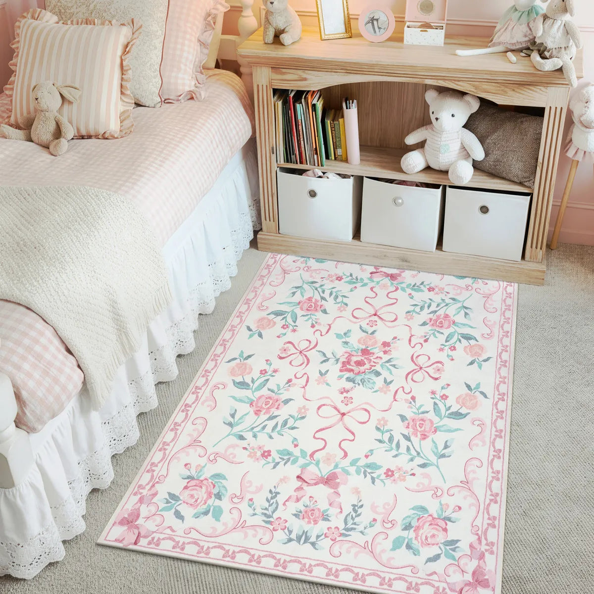 Rosabel Washable Floral Bows Pink Rug