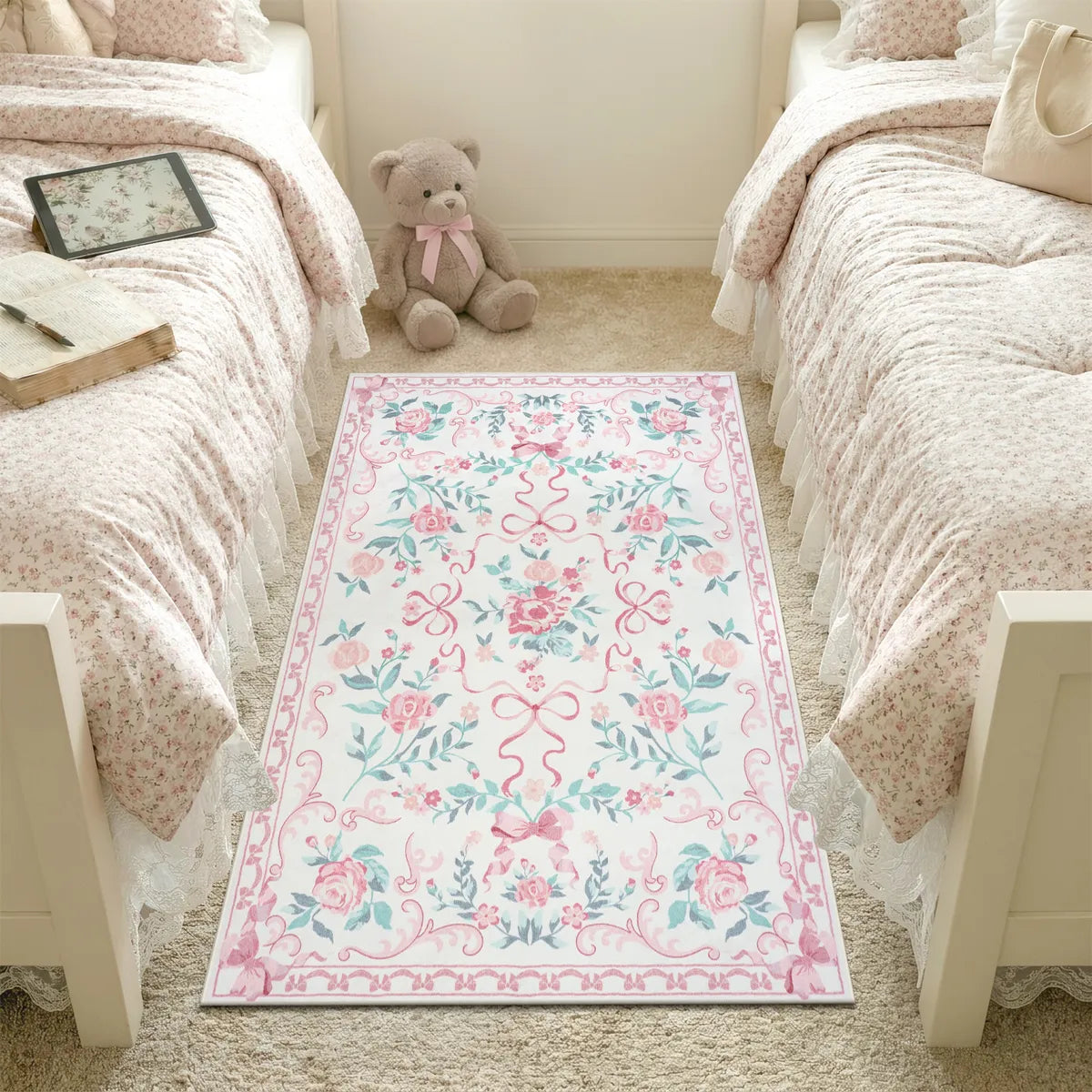 Rosabel Washable Floral Bows Pink Rug