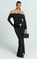 Trish Maxi Dress - Off Shoulder Hardware Trim Bodycon Dress in Black