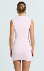 Branson Mini Dress - Sleeveless Button Down Knitted Dress in Plain Pink
