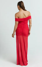Leticia Maxi Dress - Mesh Off Shoulder Ruched High Split Dress in Red
