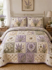 Lavender Bee Quilted 3-Piece Bedding Set – Classic Americana Quilted Bedding With Matching Pillow Shams