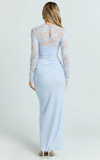 Crisanta Maxi Dress - Long Sleeve Contrast Lace Bodycon Dress in Pale Blue
