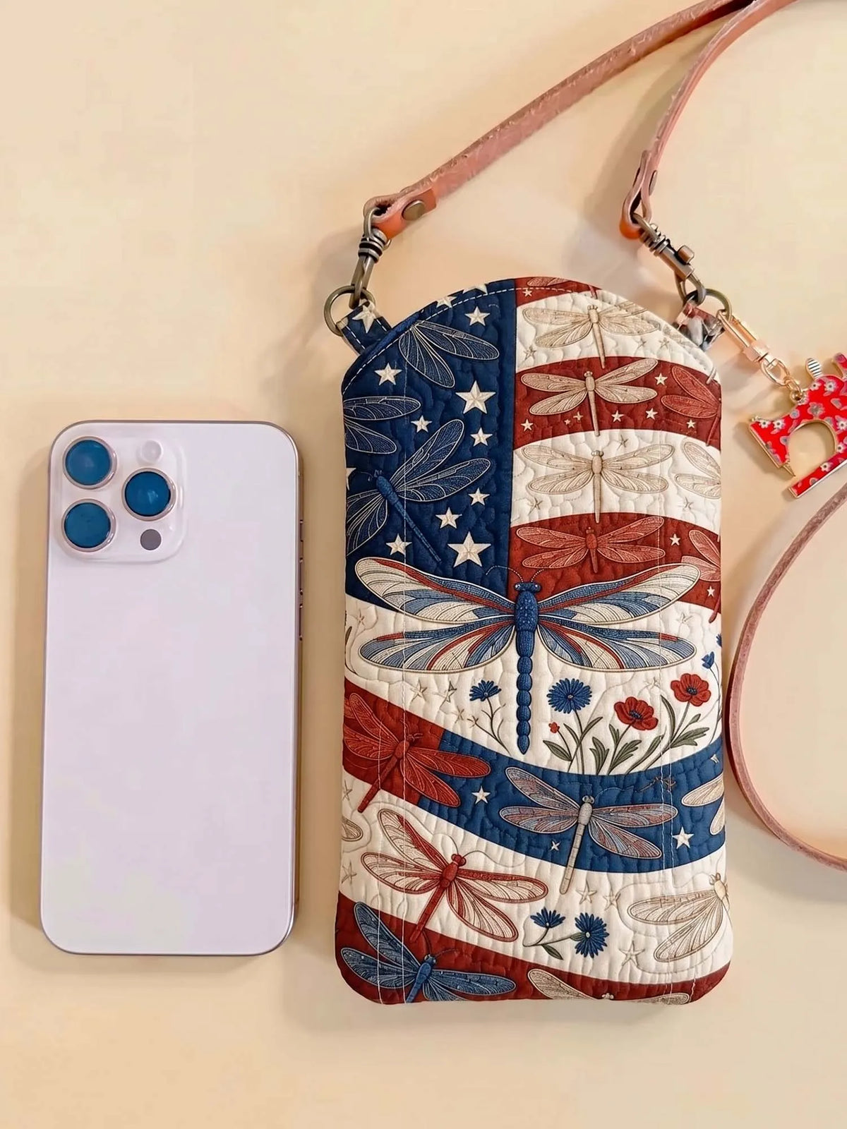 American Flag Dragonfly Floral Quilted Slim Phone Crossbody Bag