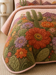 Desert Cactus Floral Quilted 3-Piece Bedding Set – Rustic Southwestern Quilted Bedding with Matching Pillow Shams