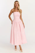 Louisa Maxi Dress - Strapless Side Ruched Dropped Waist Fit And Flare Dress in Pink