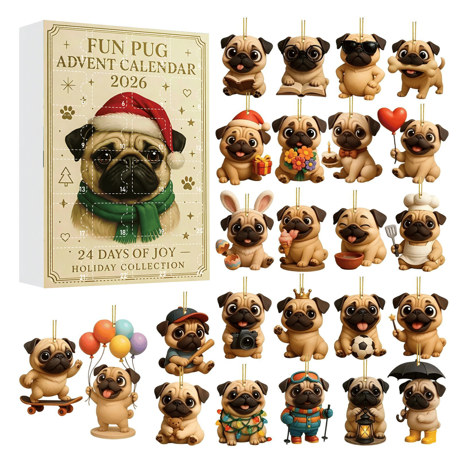 2026 Pug Christmas Ornament Advent Calendar (24-Piece Set) Blind Box
