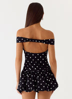 Endless Romance Off Shoulder Mini Dress - Black Polkadot