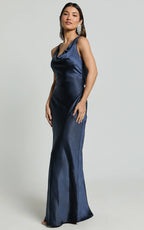 Adilah Maxi Dress - Cowl Neck Satin Dress in Navy