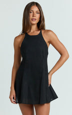 Dorothy Mini Dress - Backless Beaded Smock Mini Dress in Black