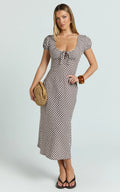 Bernice Midi Dress - Gingham Scoop Neck A Line Dress in Chocolate Gingham