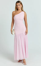 Zia Maxi Dress - One Shoulder Sheer Skirt Dress in Pink