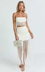 Evie Two Piece Top and Skirt Set - Fringed Micro Top And Tiered Fringed Mini Skirt in Ivory