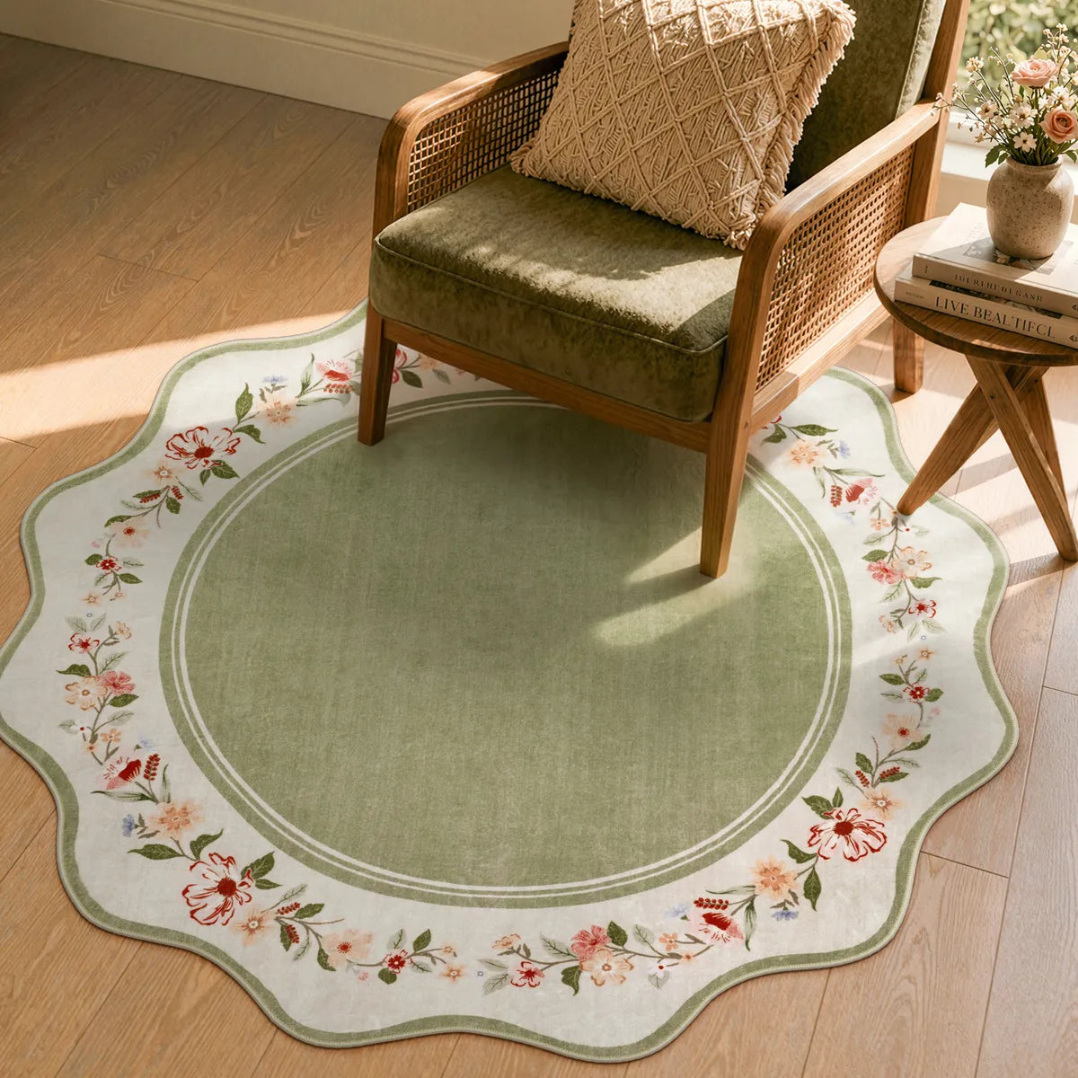 Ariele Washable Vintage Floral Scalloped Sage Green Rug