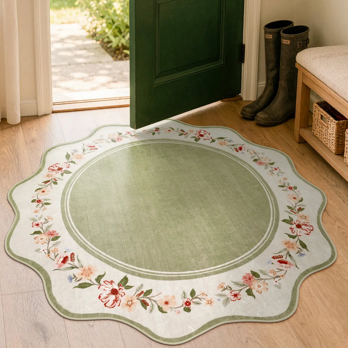 Ariele Washable Vintage Floral Scalloped Sage Green Rug