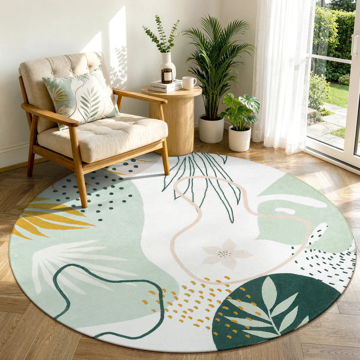 Kiki Washable Modern Botanical Leaf Print Green Rug