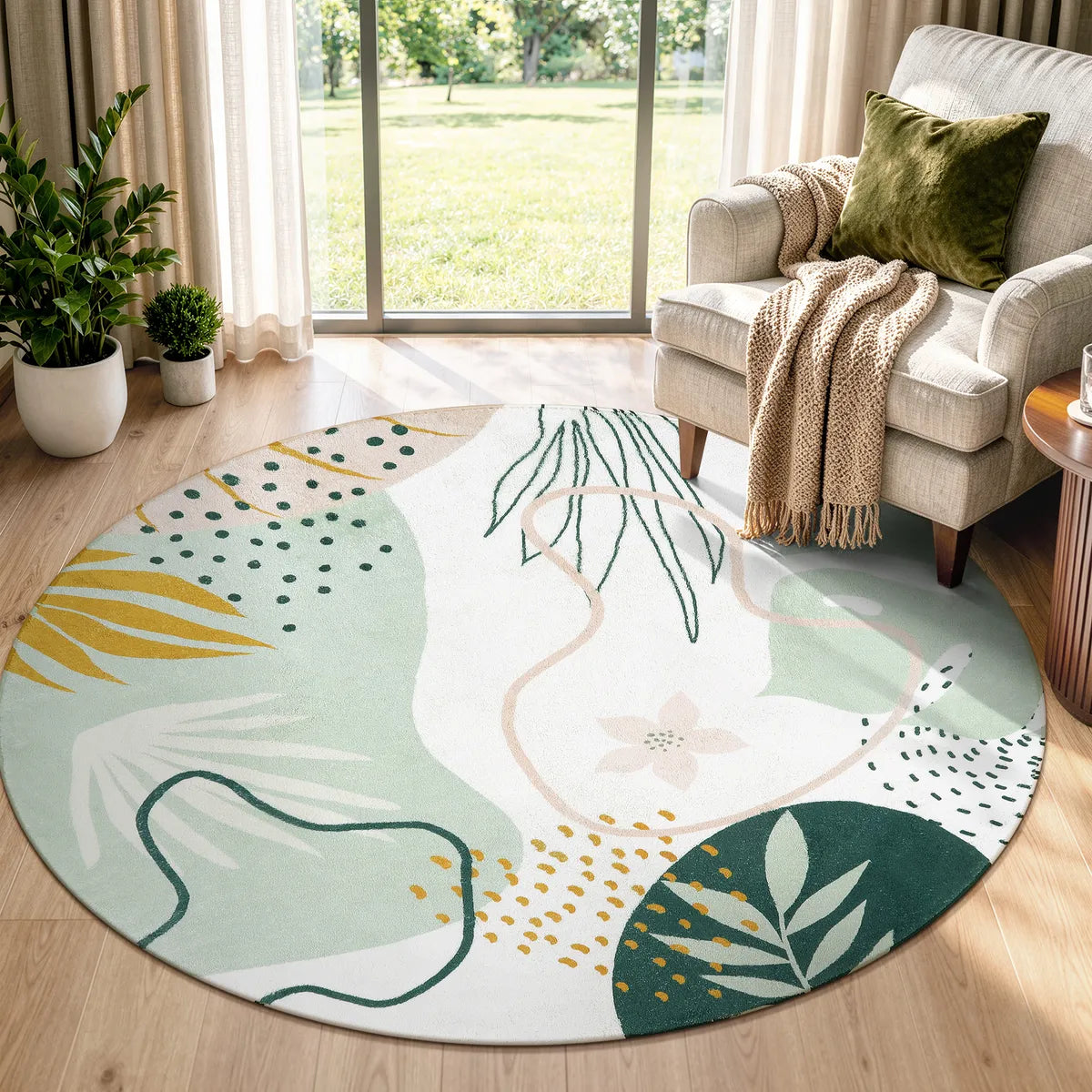 Kiki Washable Modern Botanical Leaf Print Green Rug