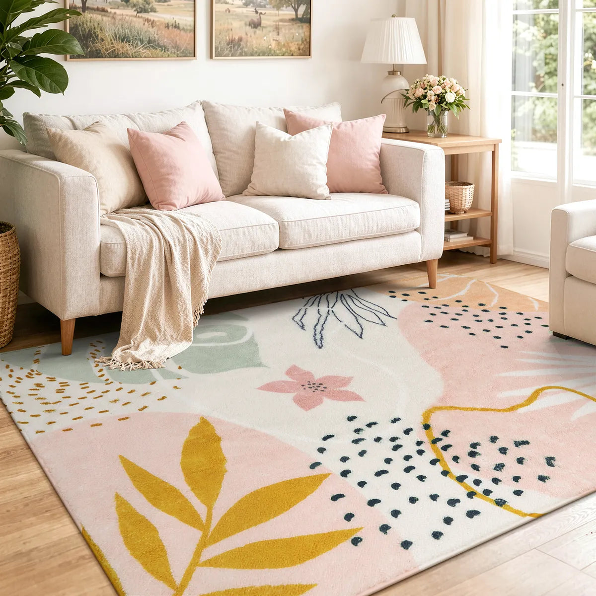 Kiki Washable Modern Botanical Leaf Print Pink Rug