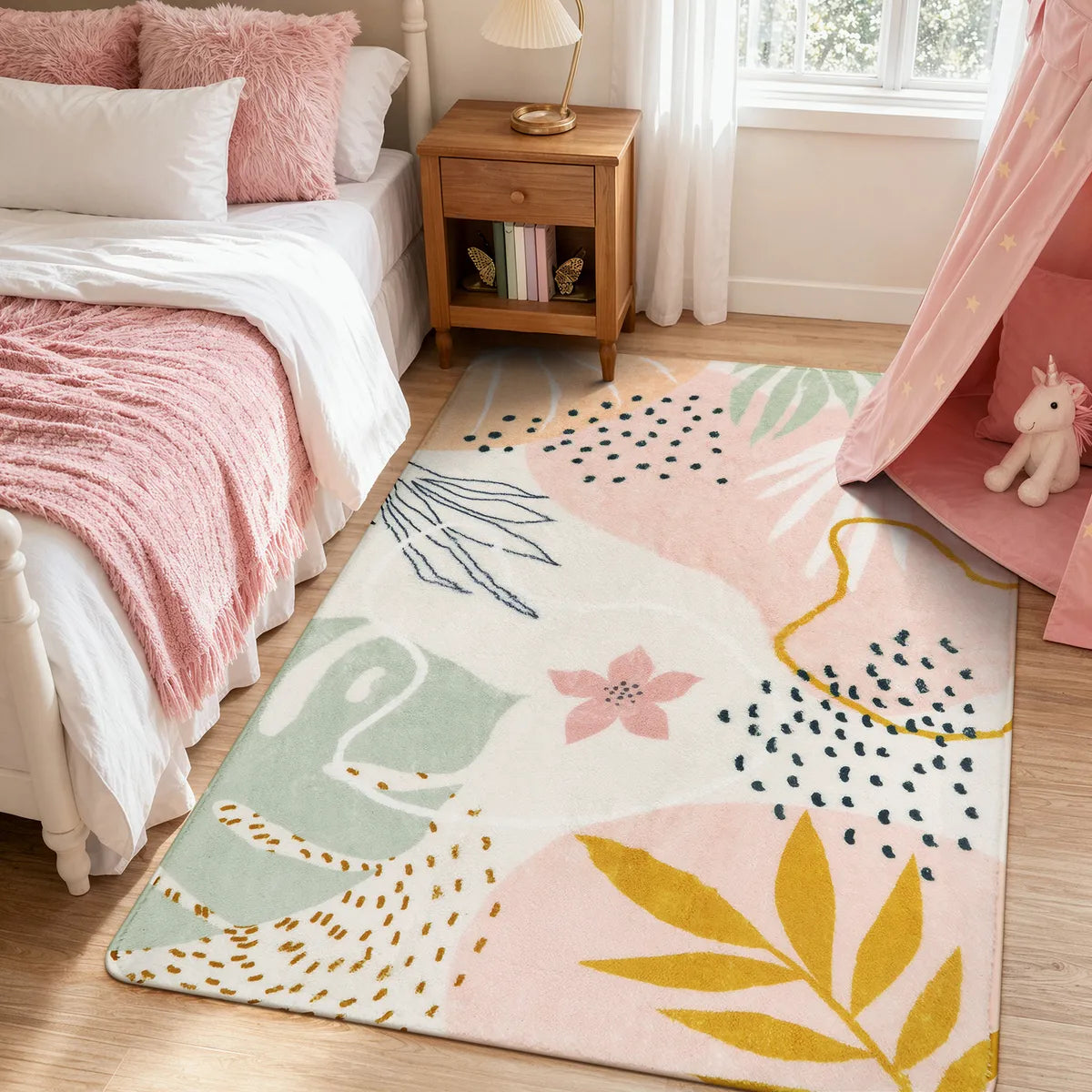 Kiki Washable Modern Botanical Leaf Print Pink Rug