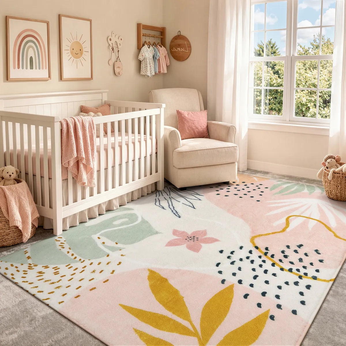 Kiki Washable Modern Botanical Leaf Print Pink Rug