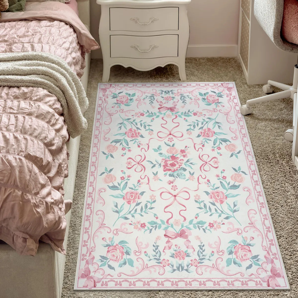 Rosabel Washable Floral Bows Pink Rug