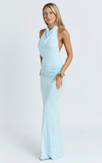 Lizzy Maxi Dress - Backless Ruched Bodycon Dress in Blue