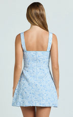 Vivian Mini Dress - Square Neck A Line Dress in Blue