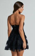 Marzy Mini Dress - Strapless Floral Detail Lace Fit and Flare Dress in Black