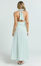 Jeienn Midi Dress - Line Placket Front Skirt Dress in Mint Stripe