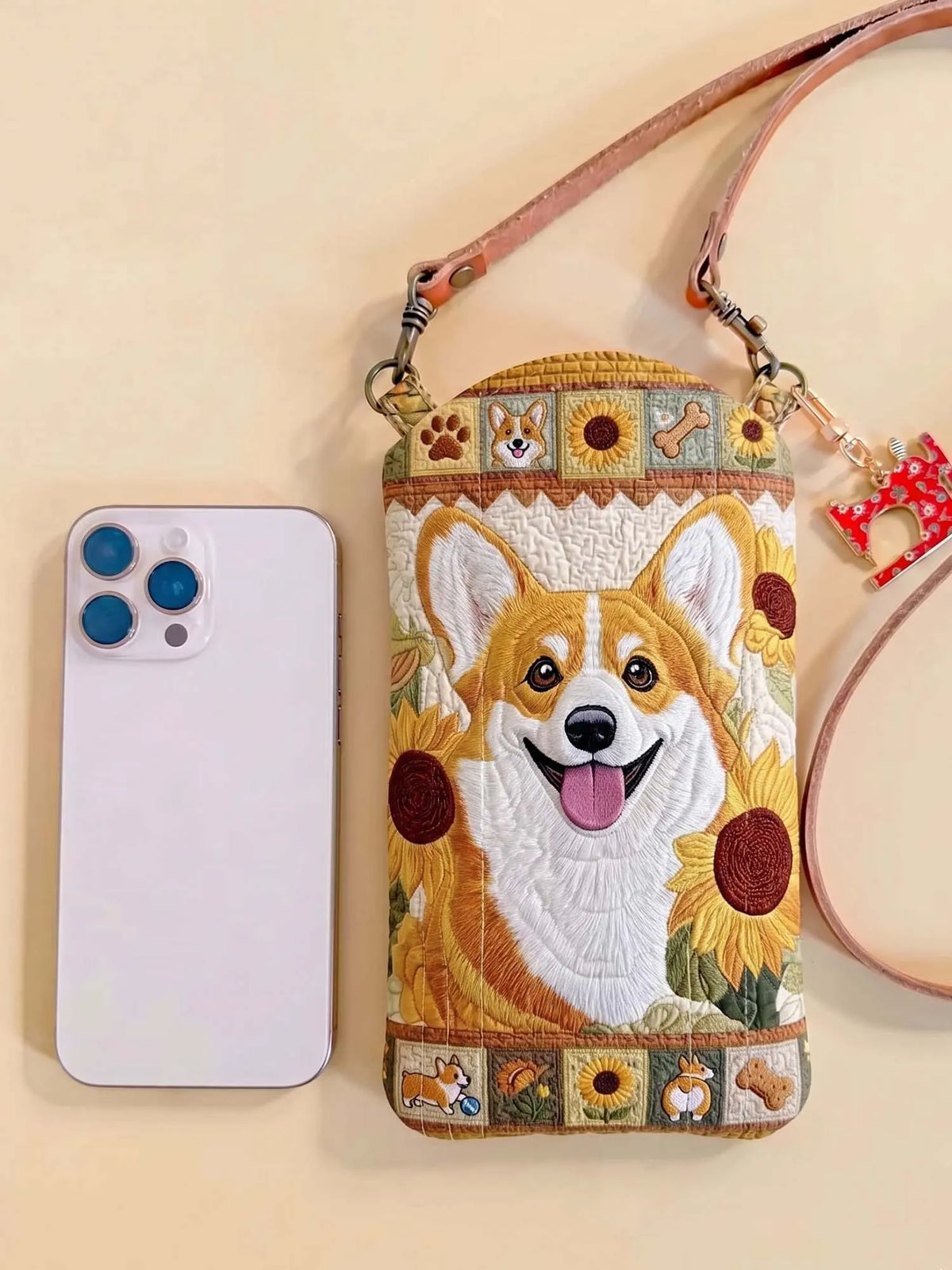 Sunflower Corgi Patchwork Quilted Slim Phone Crossbody Bag