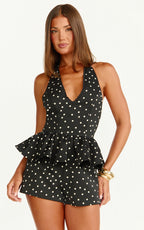 Seraphina Top - Polka Dot V Neck Peplum Top in Black Polka Dot Print